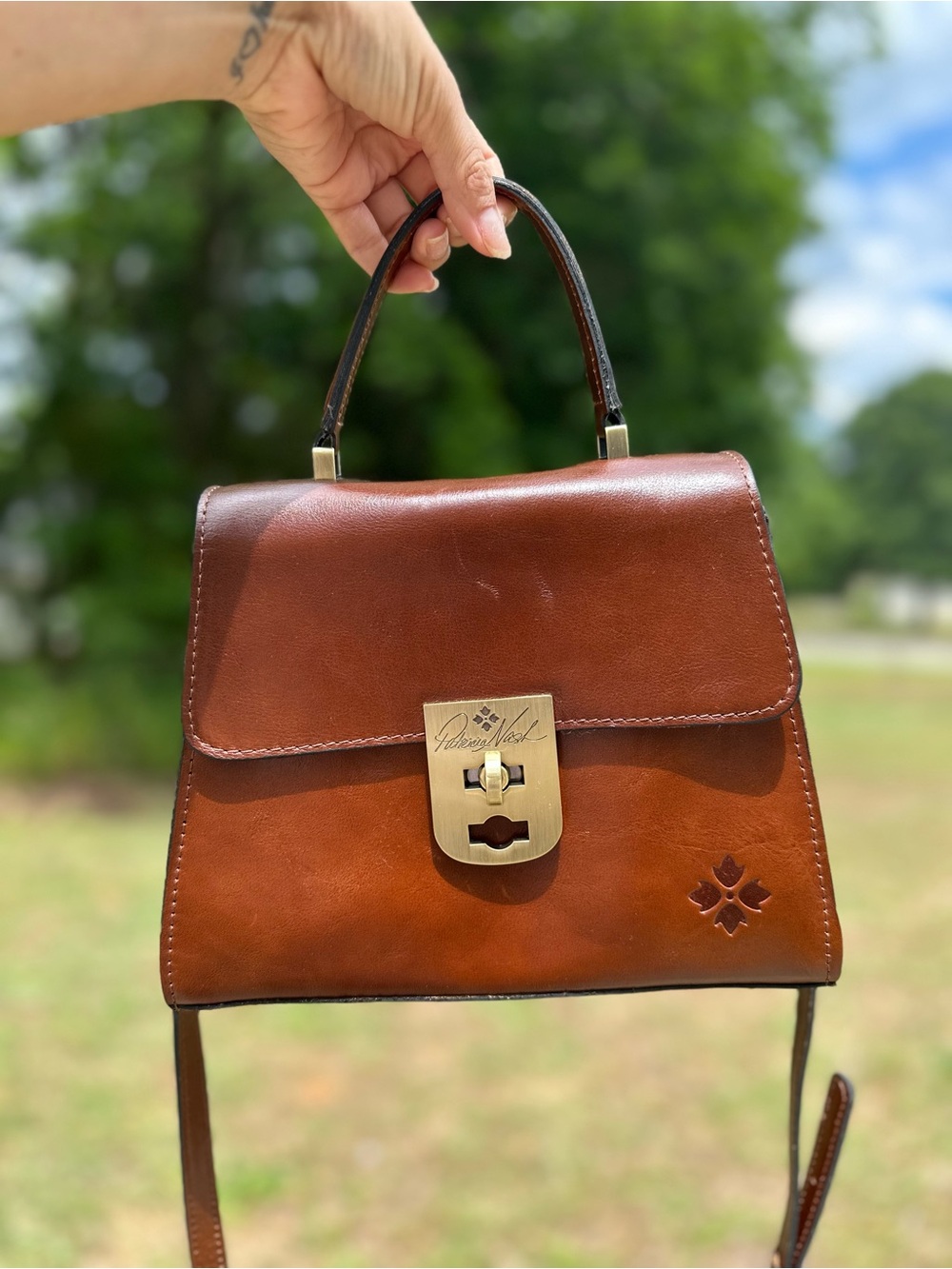 Patricia Nash Chestnut Leather Top-Handle Satchel with Gold Hardware